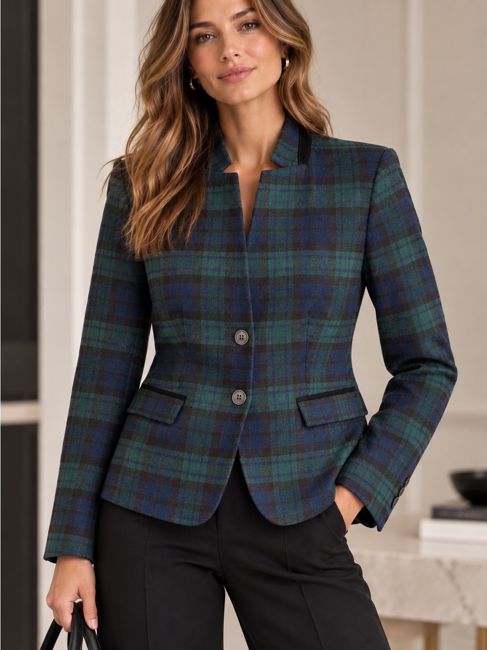 Talbots Green and Navy Plaid Tailored Blazer with Velvet Trim size 2. Like new.